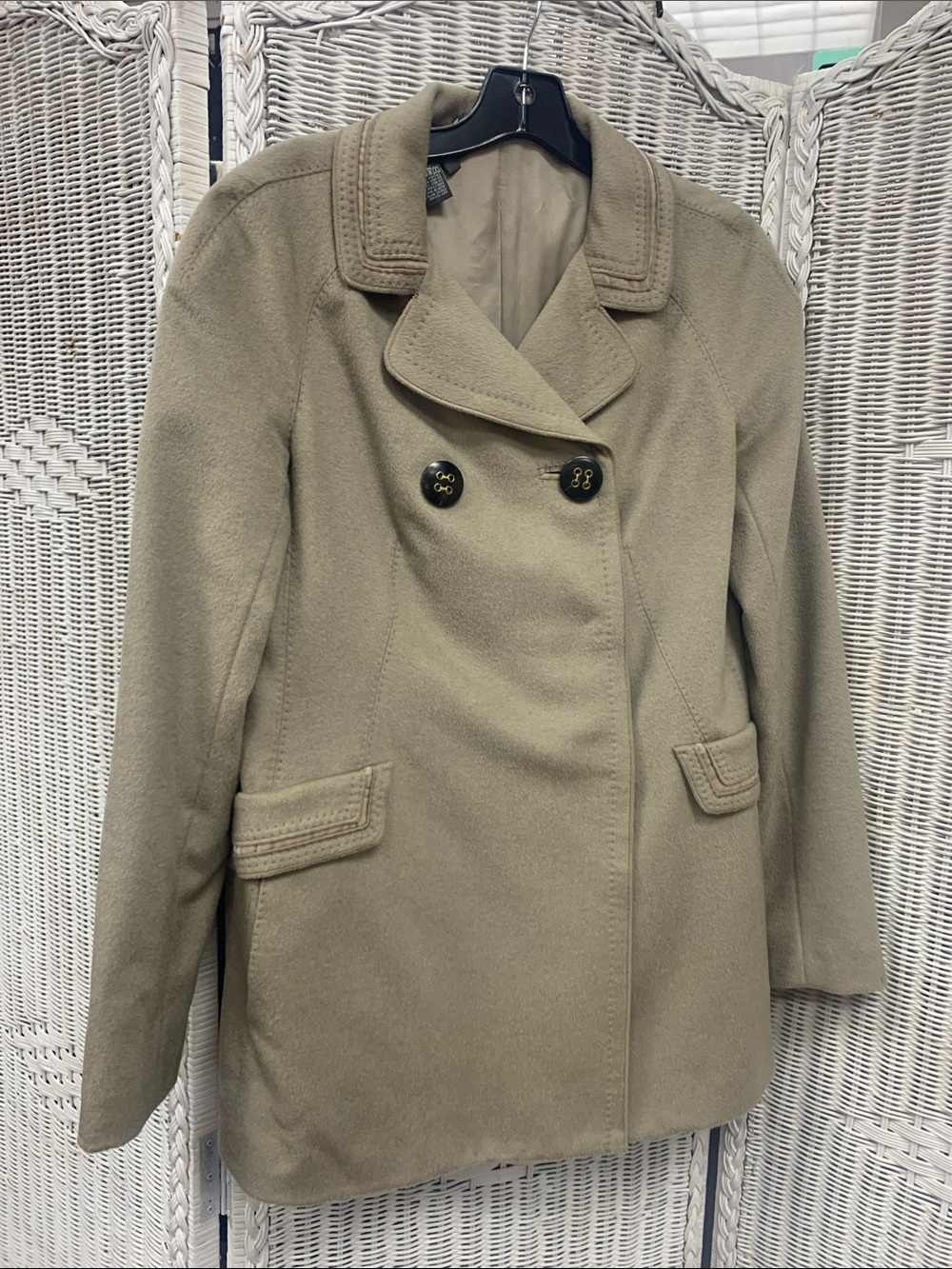 Per Se wool/cashmere taupe Double-Breasted Peacoat - Picture 1 of 6